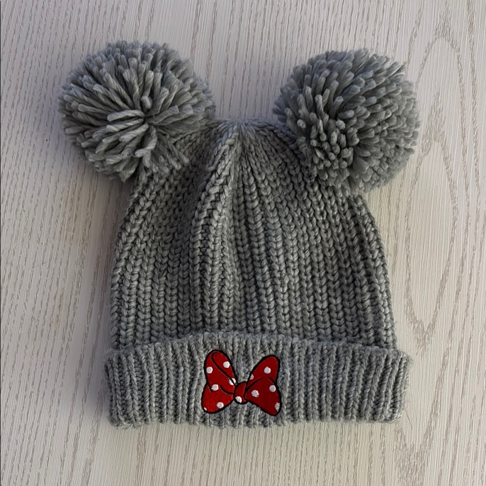 Disney Gray Knit Hat with Pom-Poms
